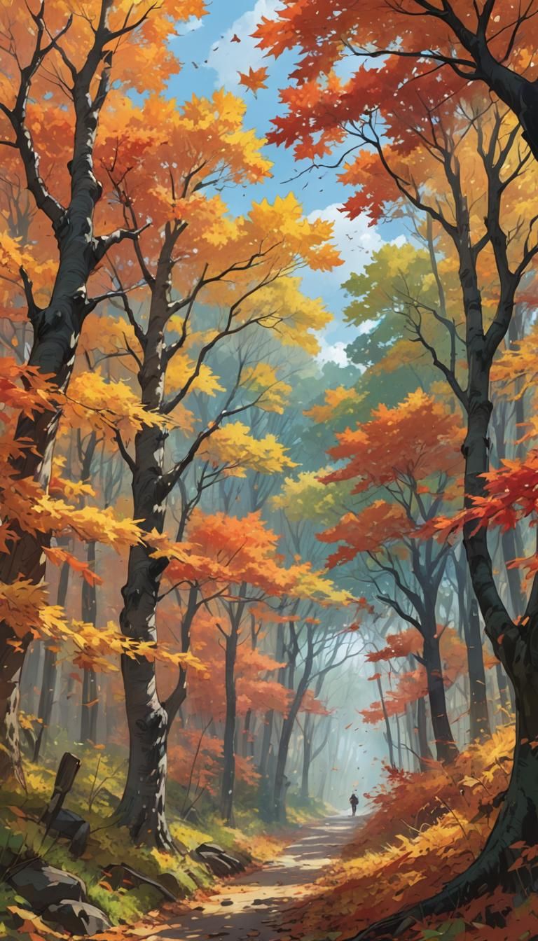 Windy Autumn Maple Forest in Anime Style