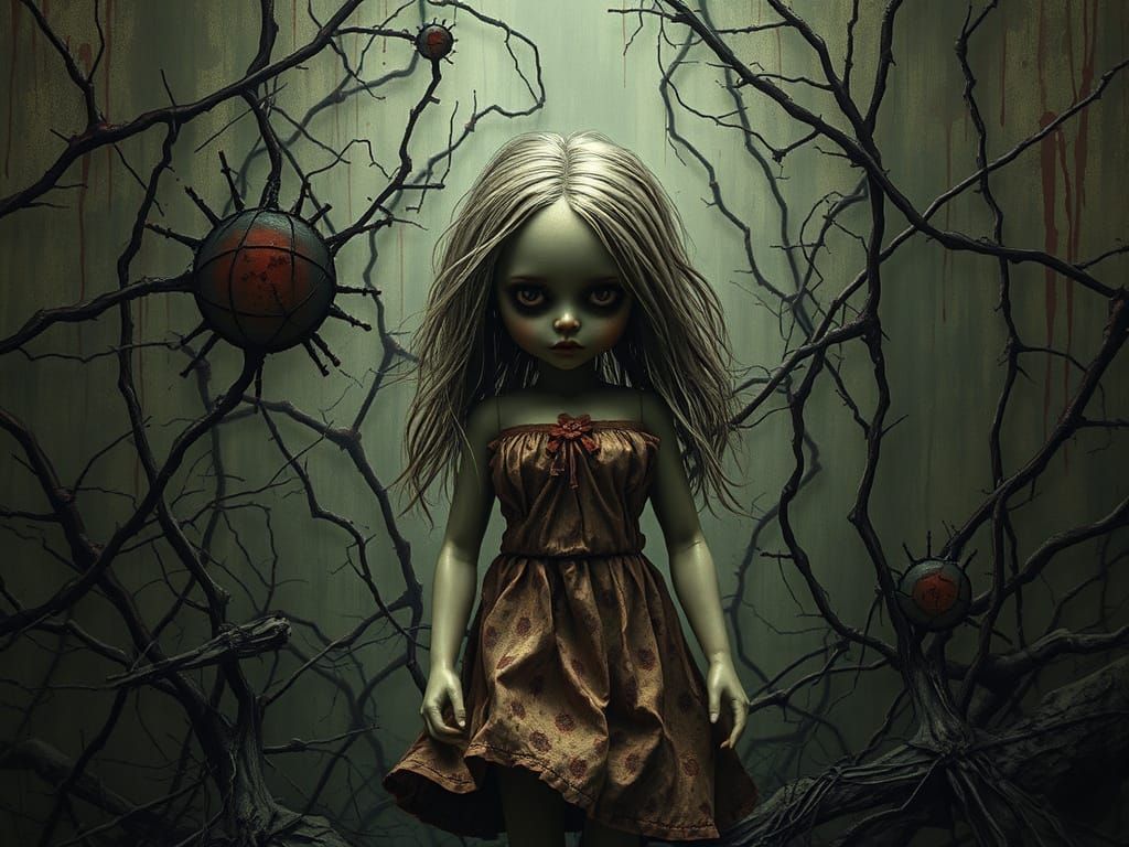 Creepy Doll Woman in Junji Ito Horror Style