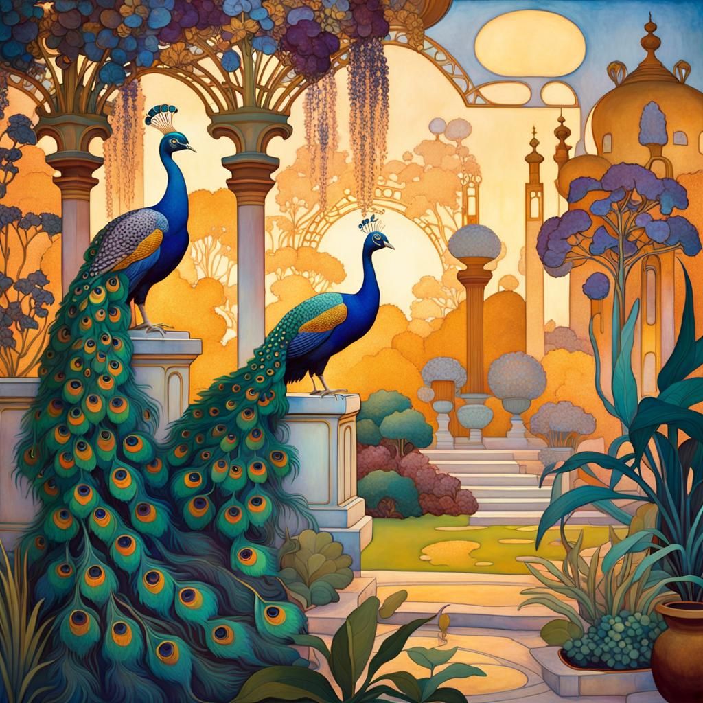 Peacocks in a Lavish Oriental Palace Garden under Soft Golde...