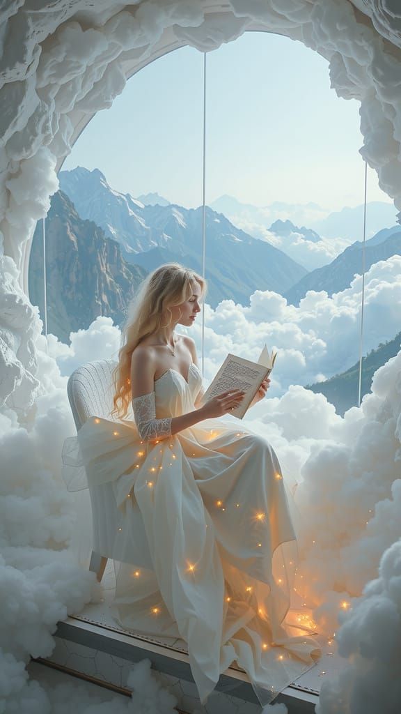 Ethereal Woman Reads Sparkling Book in Cloudy Bionic Sanctua...