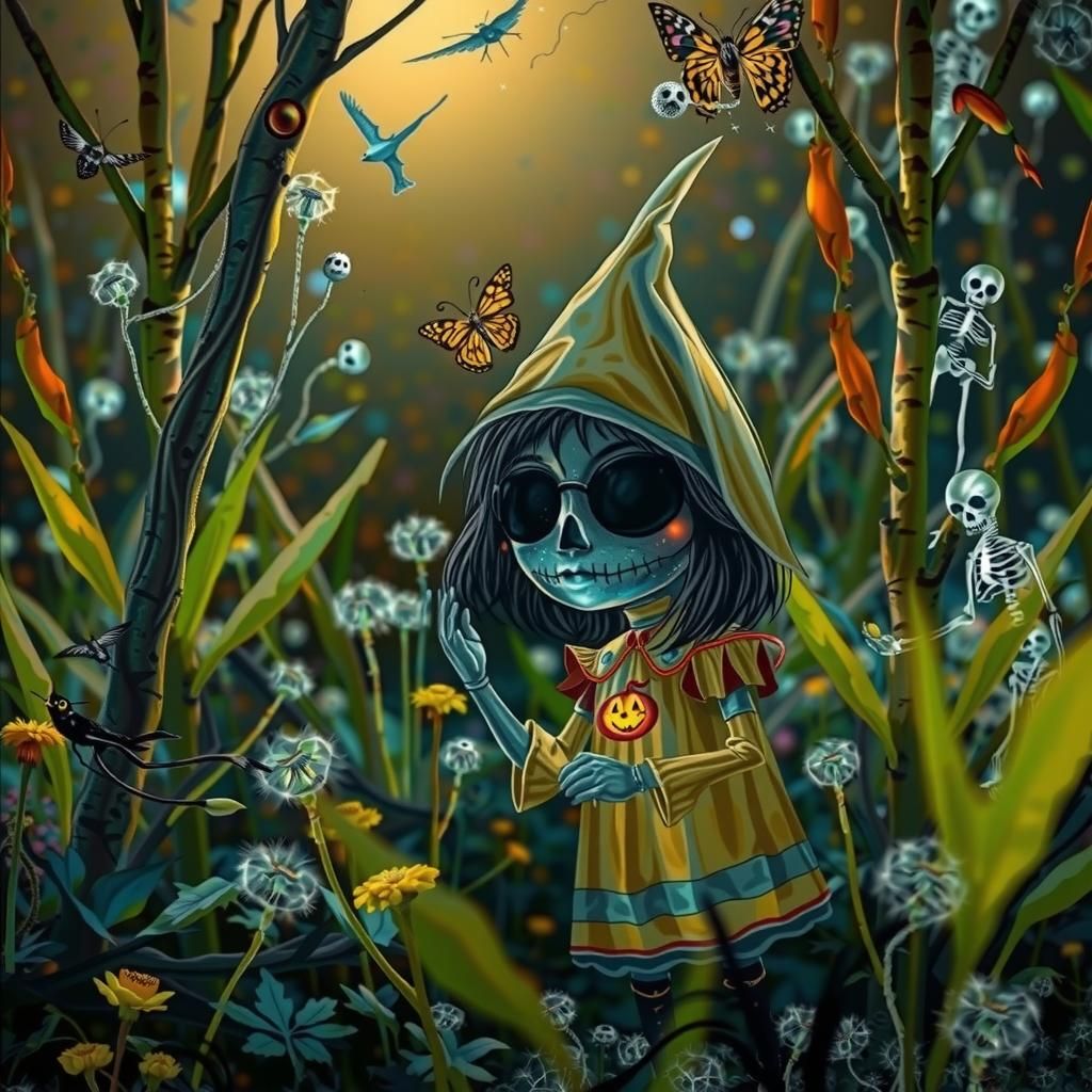 Surreal Autumn Scene with Halloween Elements