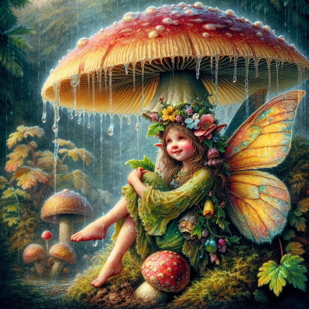 A little fairy under toadstool roof
