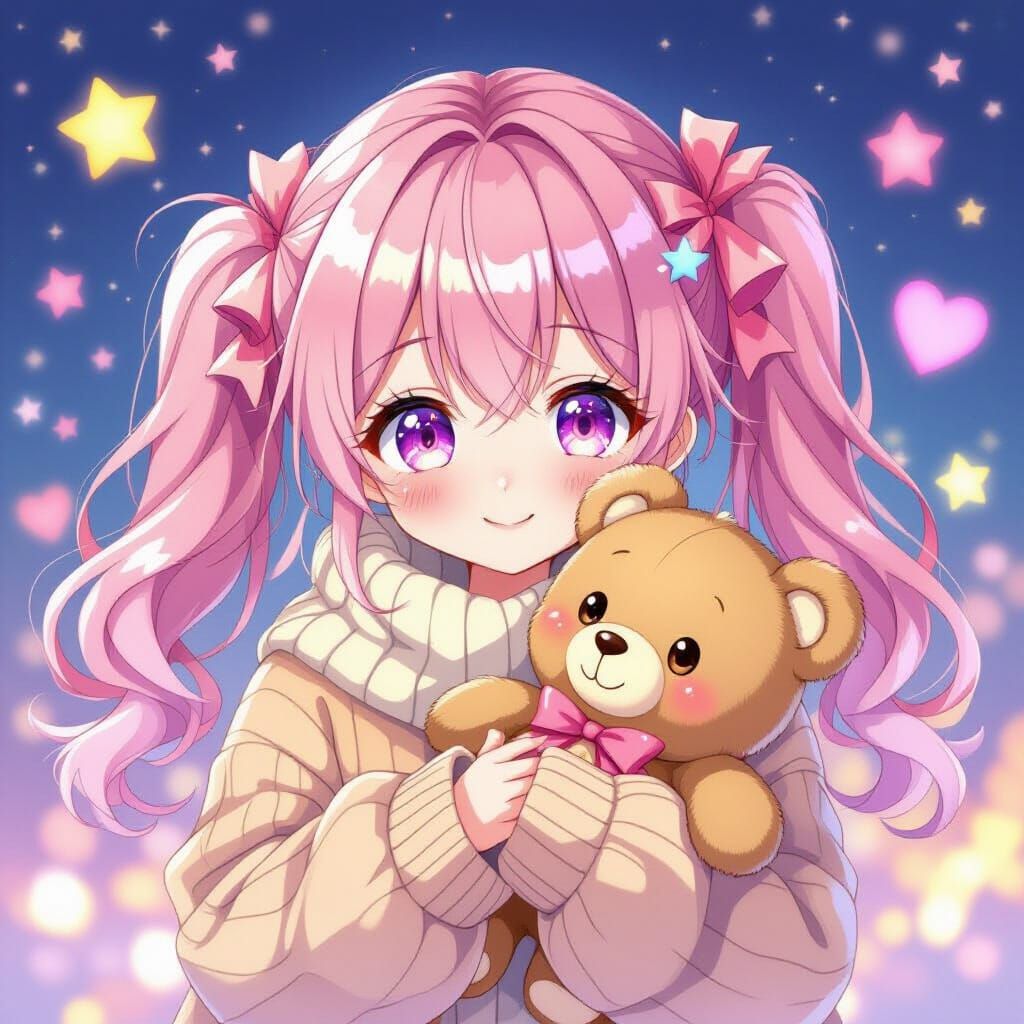Anime Girl with Teddy Bear in Kawaii Style