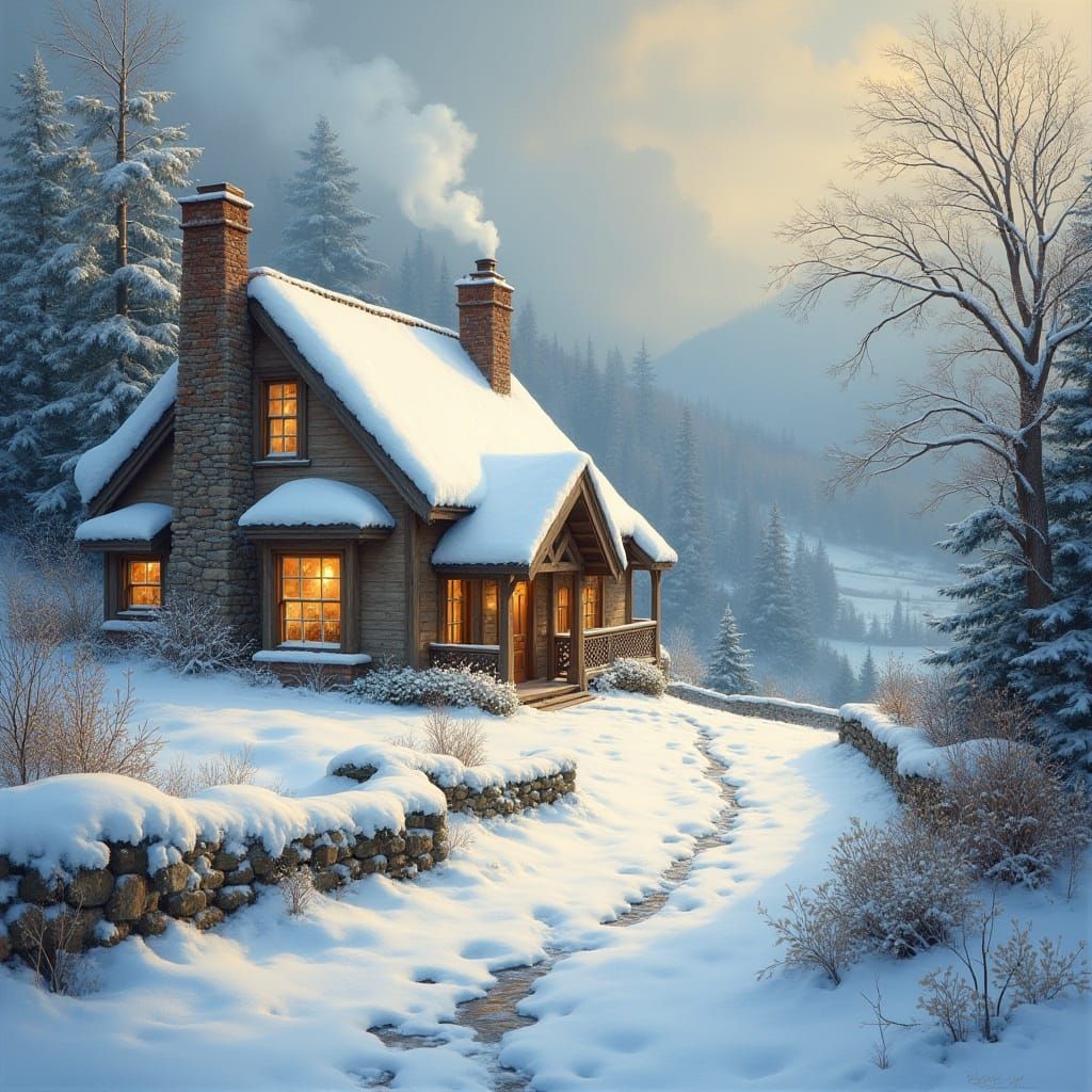 Snowy Cottage in Valley, Classic Matte Painting