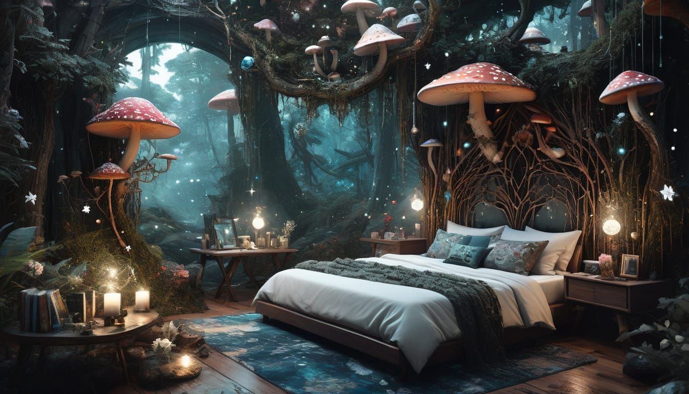 Enchanted Forest Bedroom Under Starry Sky