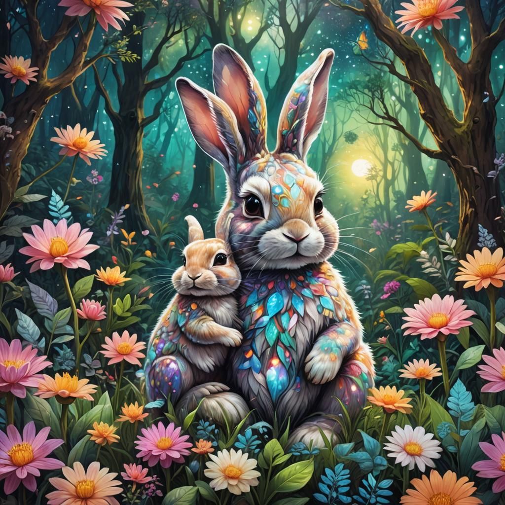 Rabbit and Baby in Cosmic Forest: Amaringo Style