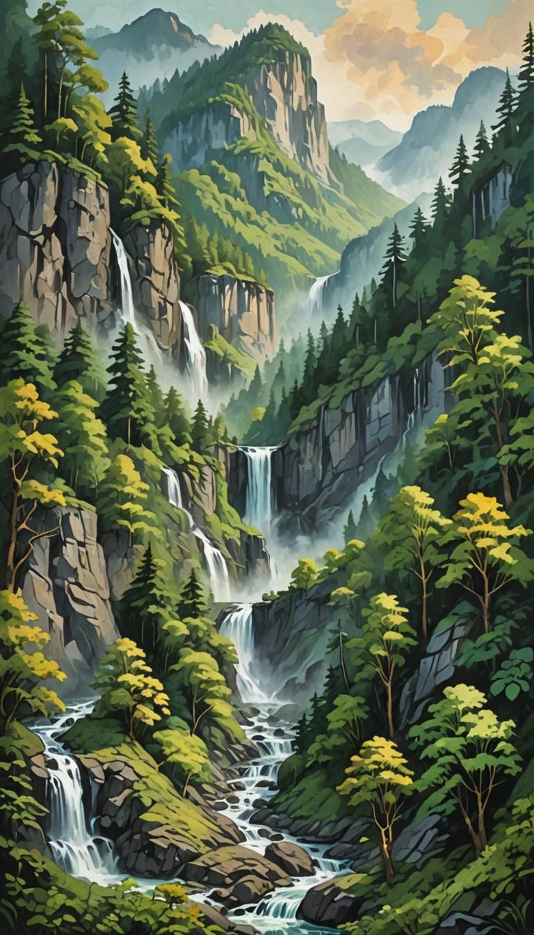 Majestic Mountain Landscape in Gouache Style