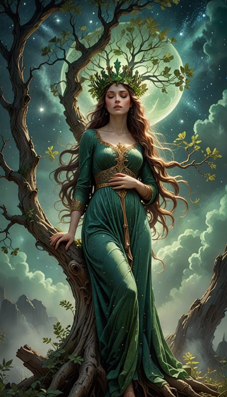 Ethereal Goddess Melting into the Starry Sky in Dreamlike Fa...