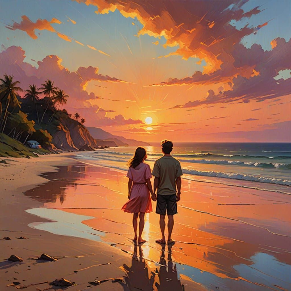 Children Watch Sunset: Vibrant Oil Painting Concept Art