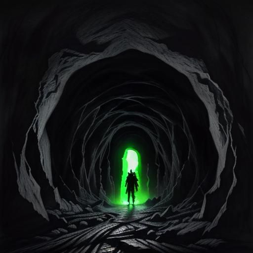 seeing into darkness, cave, eerie figure with glowing yellow...