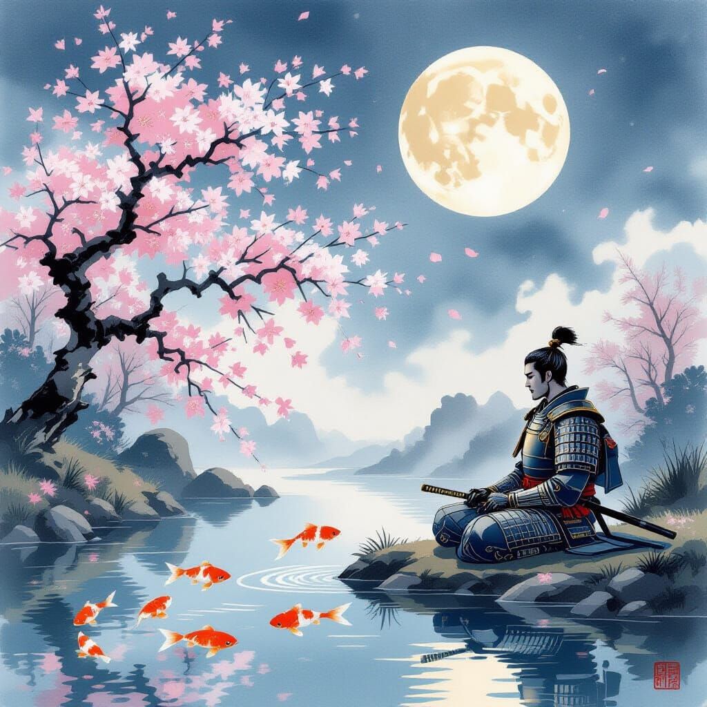 Samurai Meditation in Ethereal Japanese Garden Art