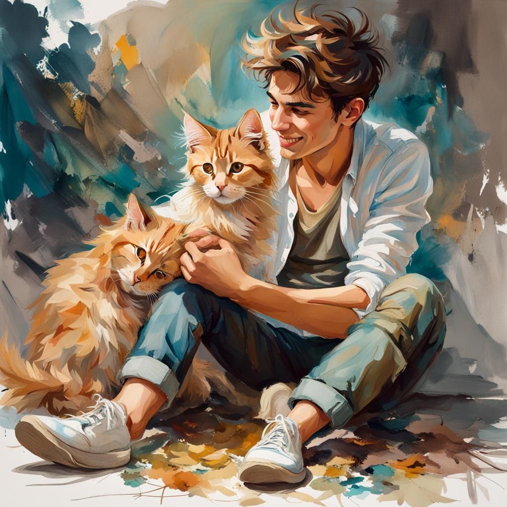 Smiling Youth with Kitten in Watercolor Style