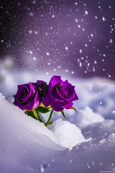 Beautiful purple roses in the snow.