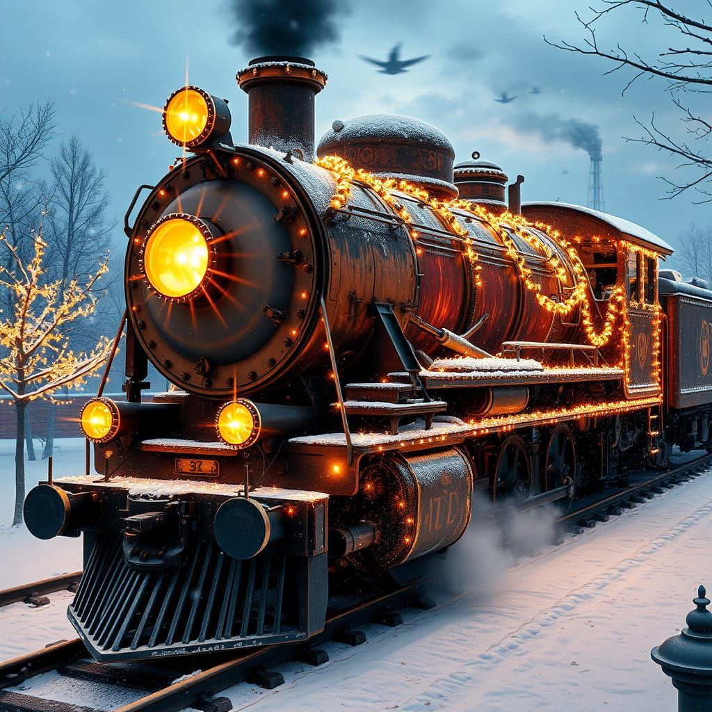 Vintage Steam Locomotive in Enchanted Winter Wonderland