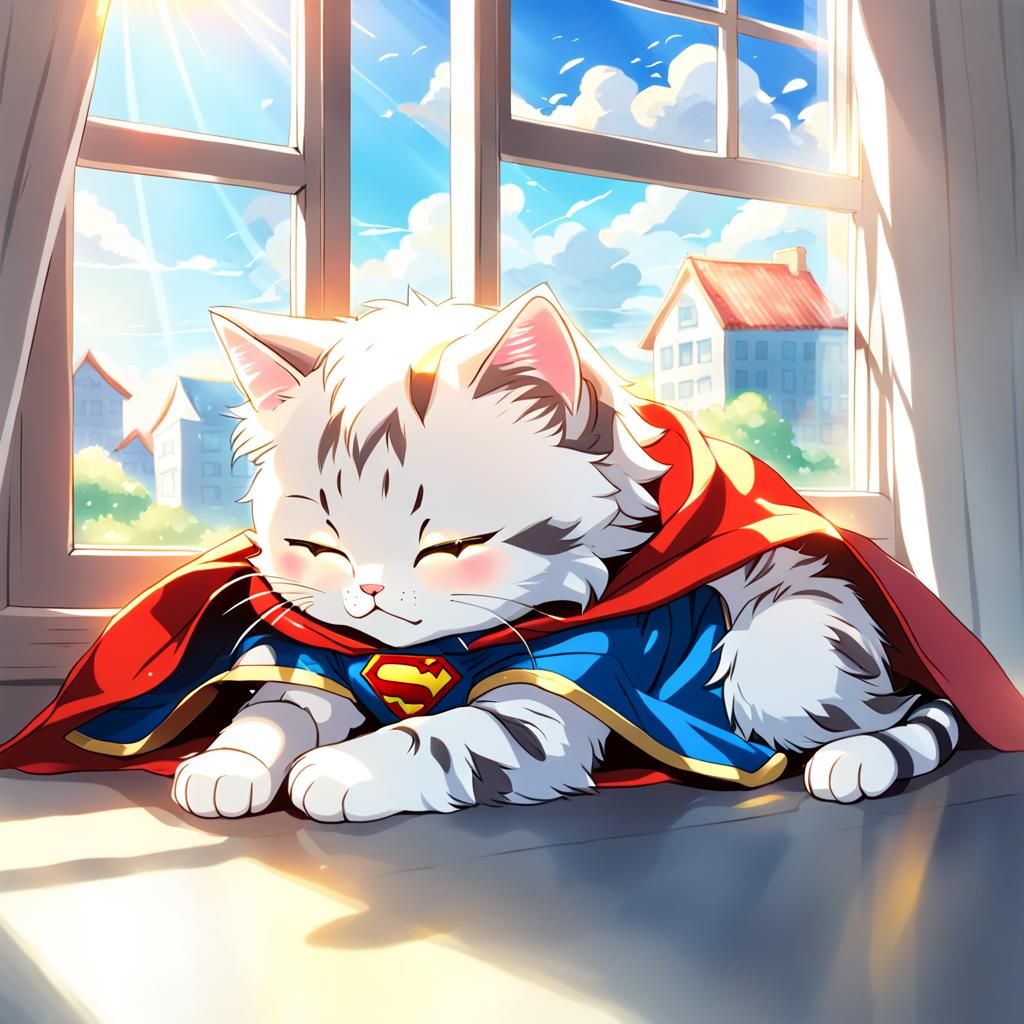 Cute Kitten Superhero Asleep in Anime Style