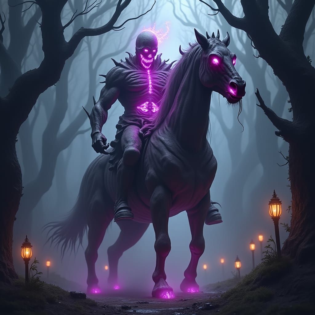 Terrifying Headless Horseman Monster in Dark Forest