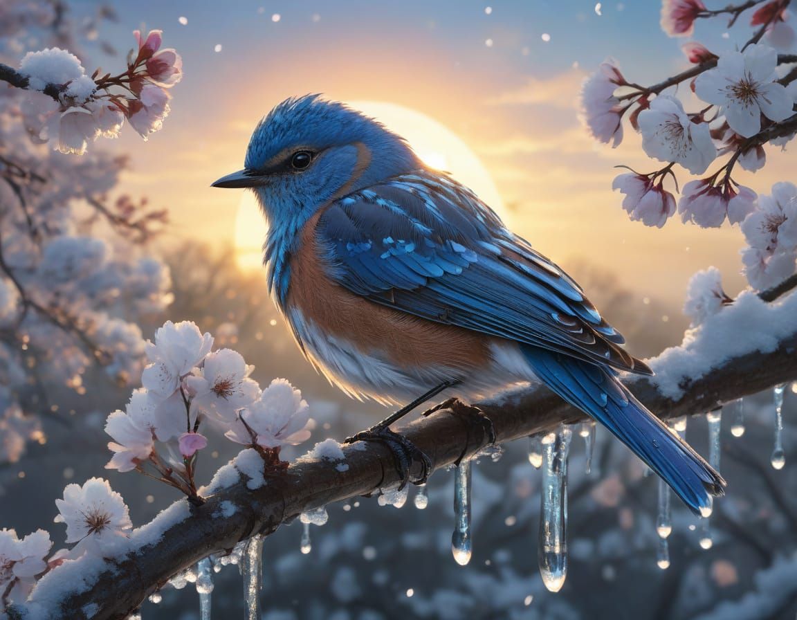 Blue Bird on Snowy Cherry Blossoms