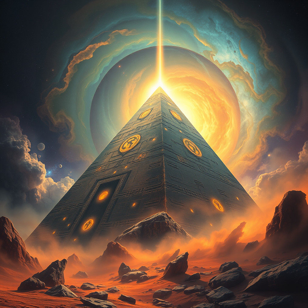 Cosmic Pyramid Emerging from Nebula in Syd Mead Style