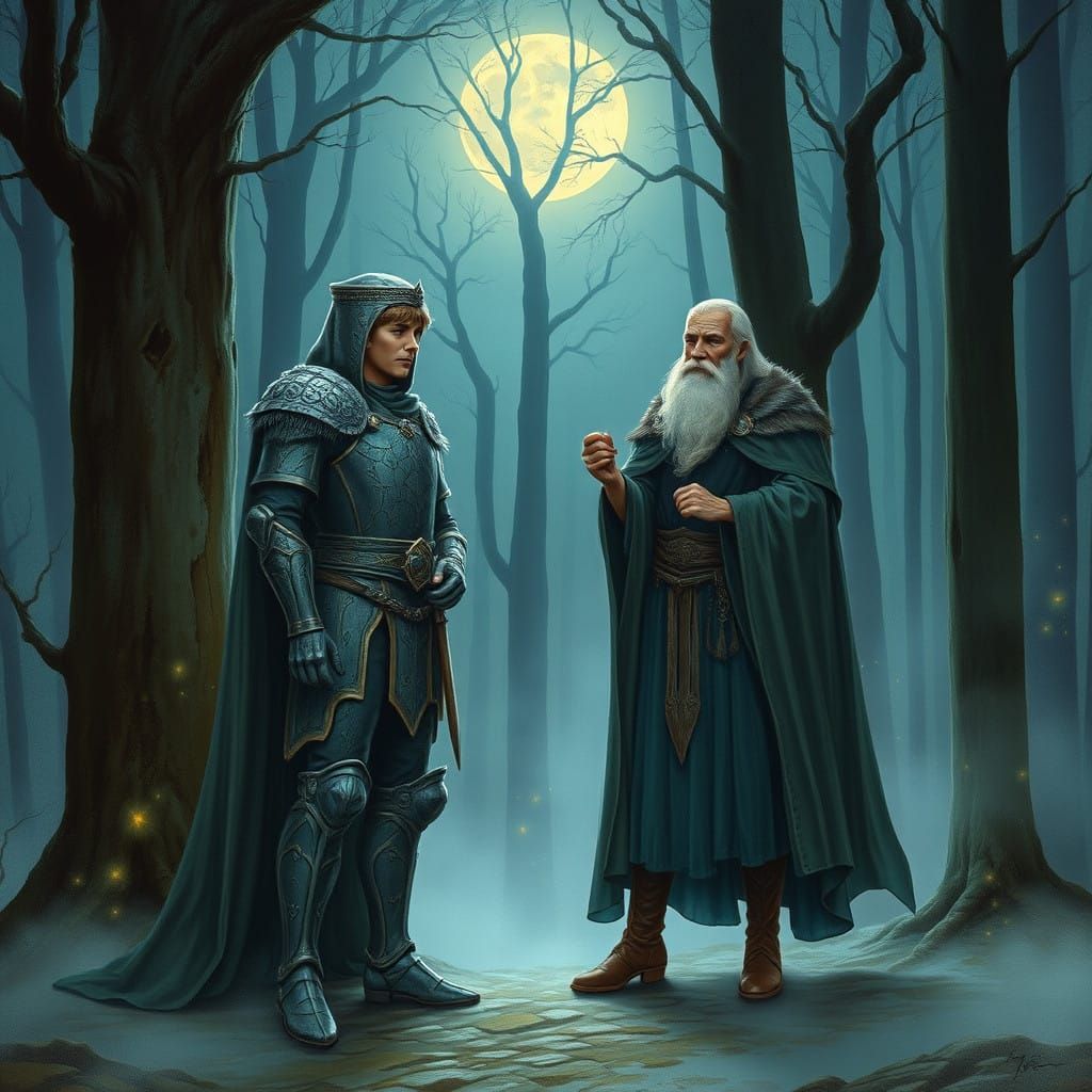 King Arthur and Merlin in a Dreamlike Moonlit Forest