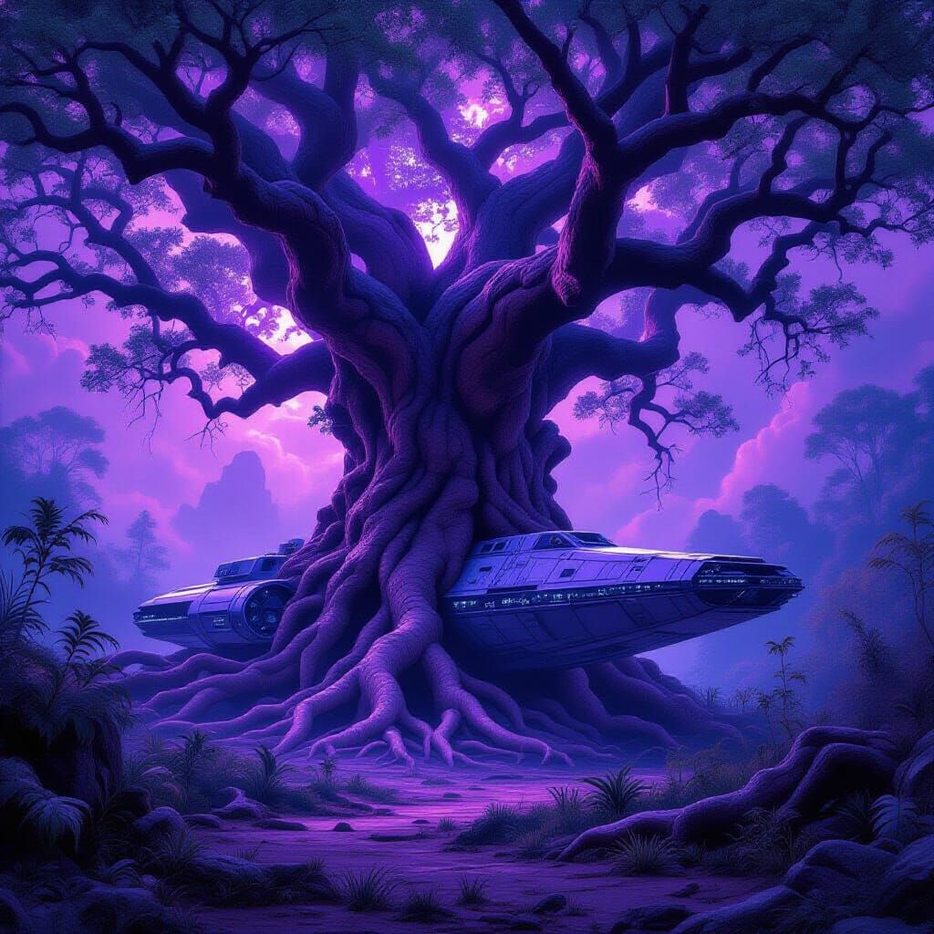 Surreal Fusion: Tree Roots Entwined with Spaceship