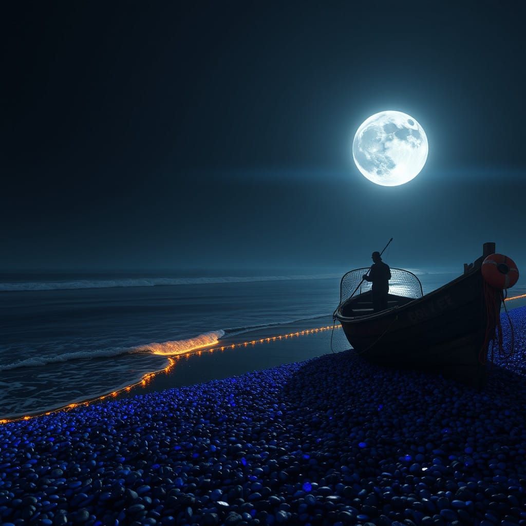 Moonlit Coastal Scene with Glittering Garland and Rustic Fis...