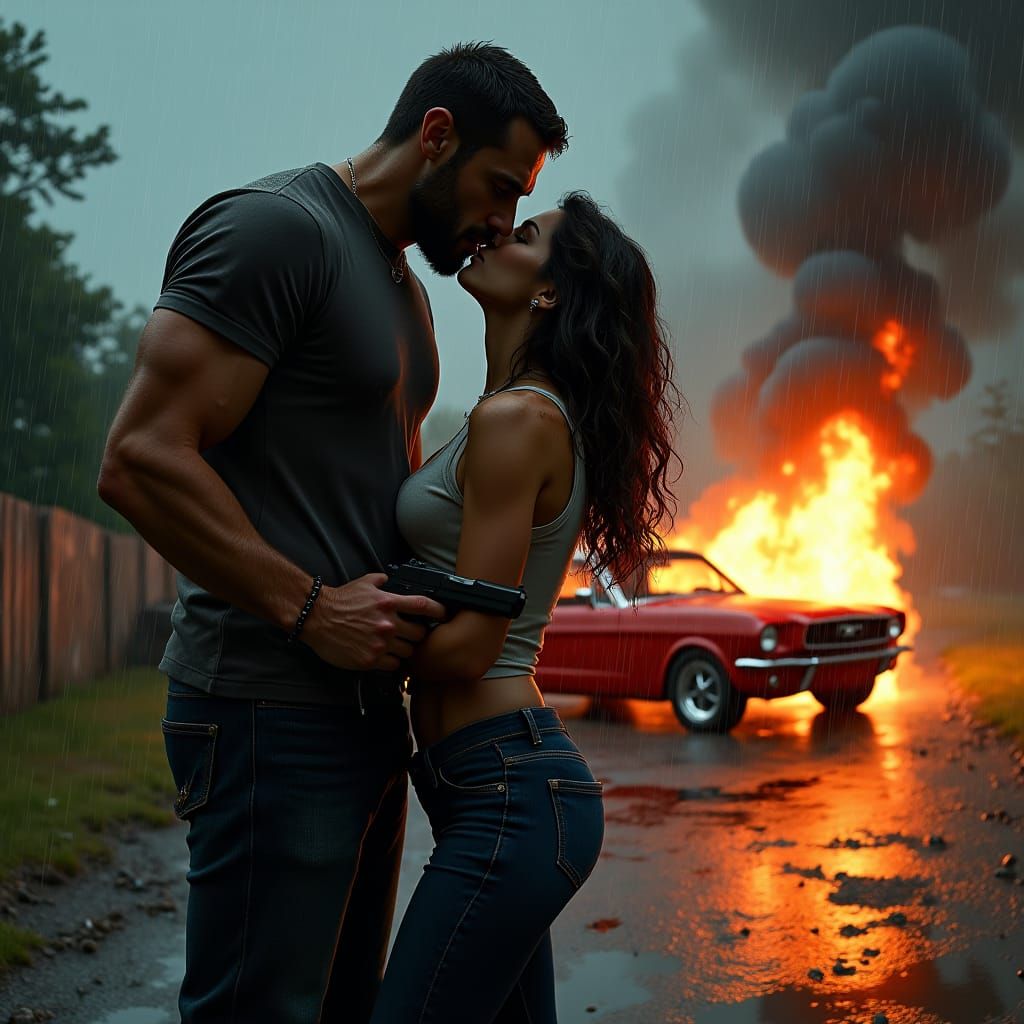 Tense Rain Kiss Near Burning Car, Matte Painting Style
