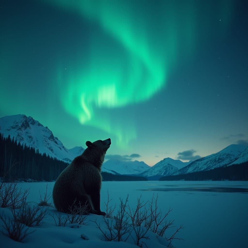 Grizzly Bear Watches the Northern Lights