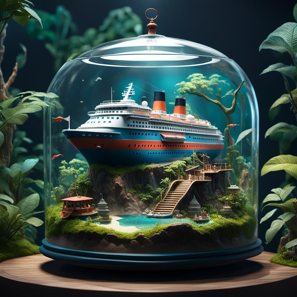 Miniature Cruise Ship World in Terrarium: Detailed Matte Pai...