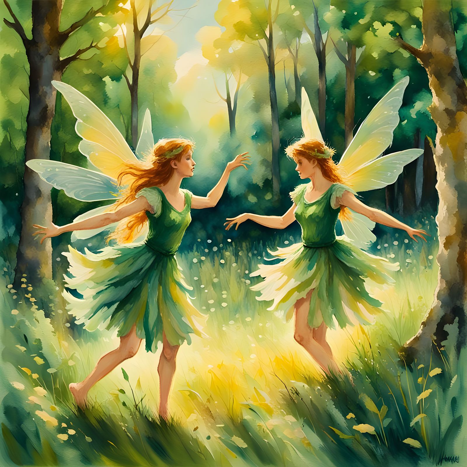 Fairies Dance in Ireland: Gouache Watercolor Style