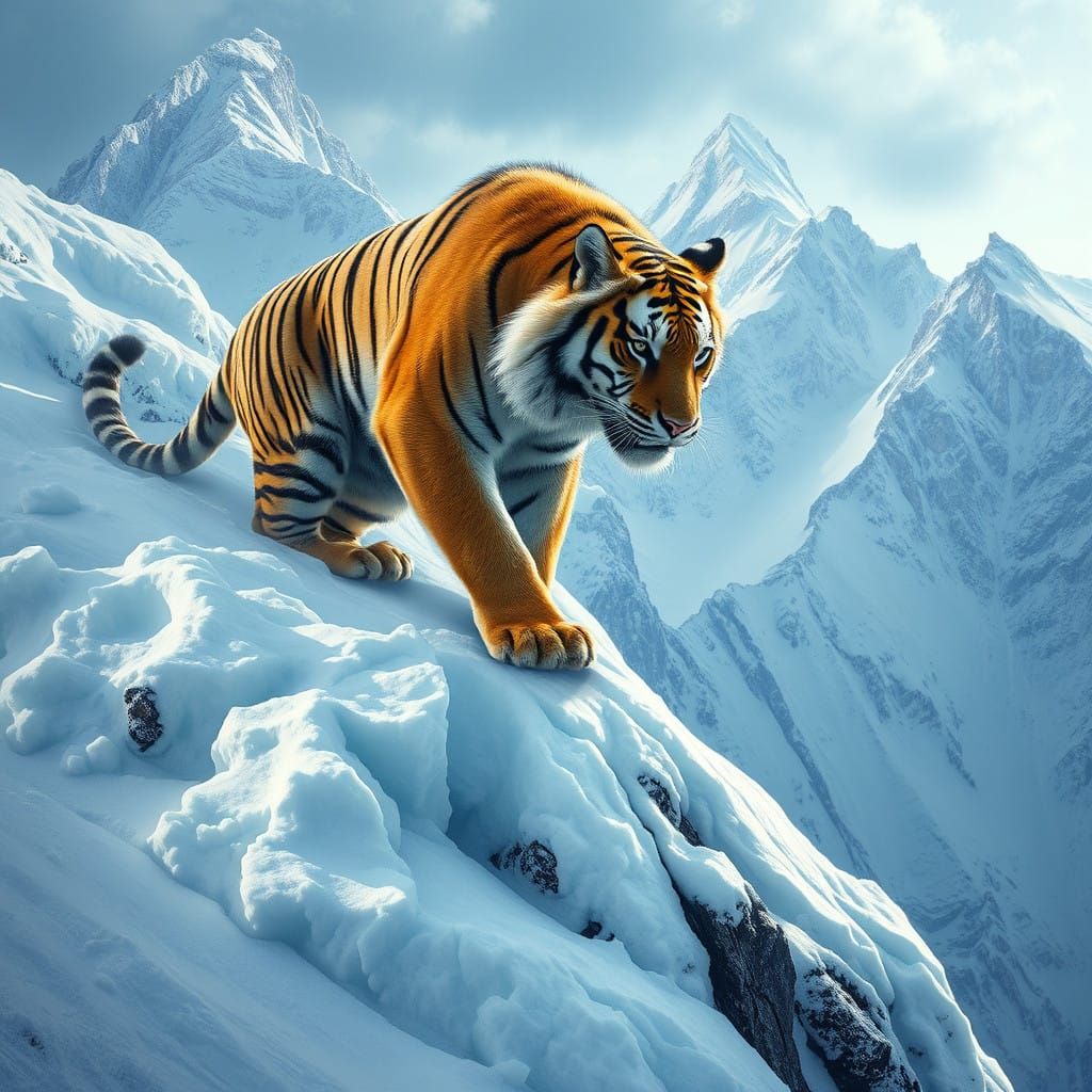 A powerful tiger climbing a snowy mountain, its fur blending...