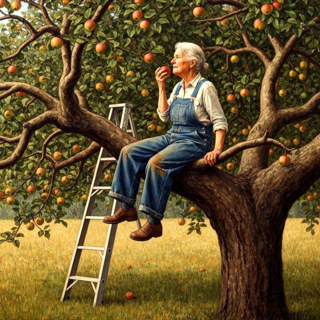 Elderly Woman Eating Apple High in Tree