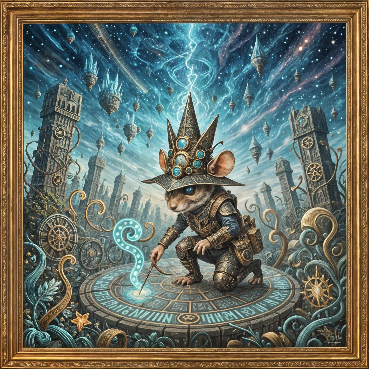 Steampunk Mouse Performing Mystical Ritual Under Bioluminesc...