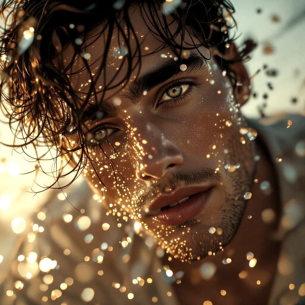 Handsome Man With Glowing Blue Eyes in Golden Hour Light
