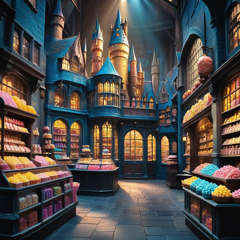Whimsical Candy Shop Near Hogwarts in Dreamlike Style