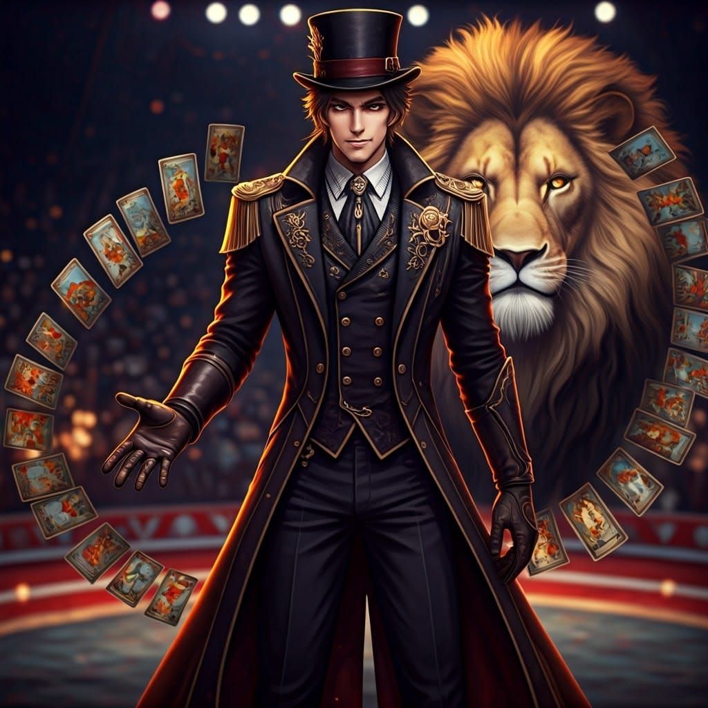 Lion Tamer in Circus Ring with Tarot Cards