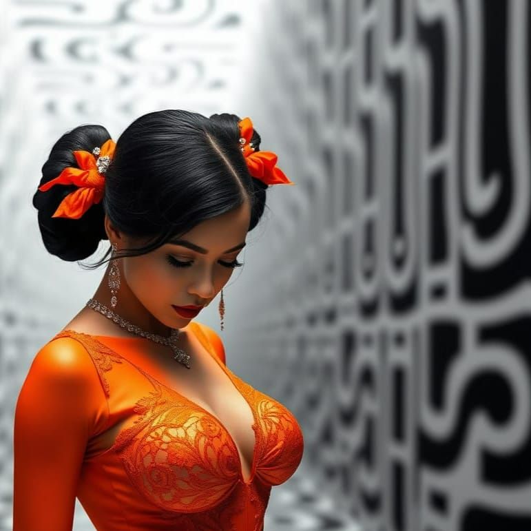 Sleek Sophisticated Woman in Opulent Bodysuit Amidst Infinit...
