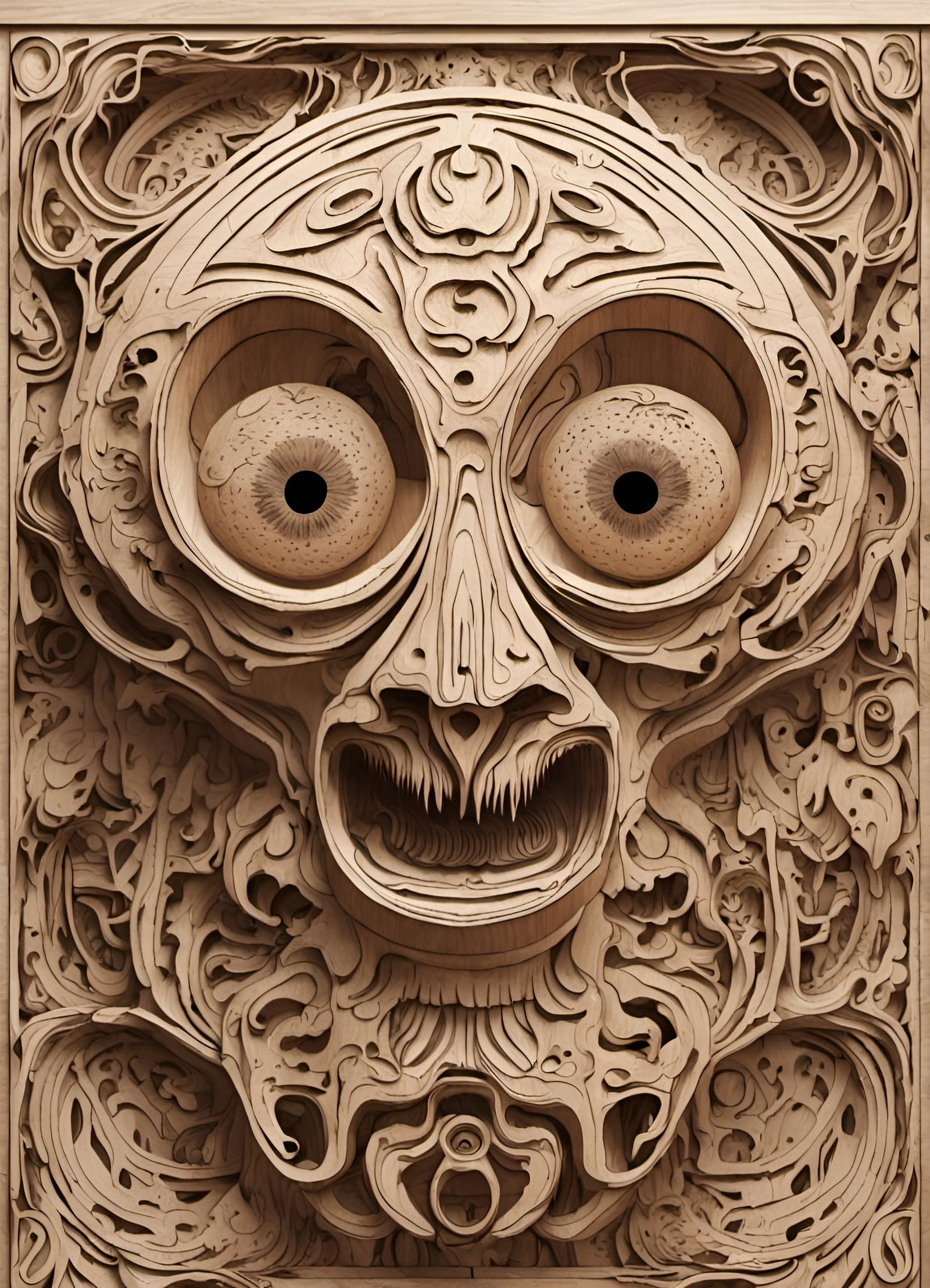 Alien Monster Face Wood Sculpture