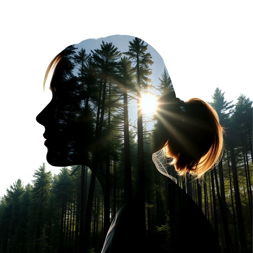 Woman Silhouette Merged with Sun-Drenched Forest Landscape