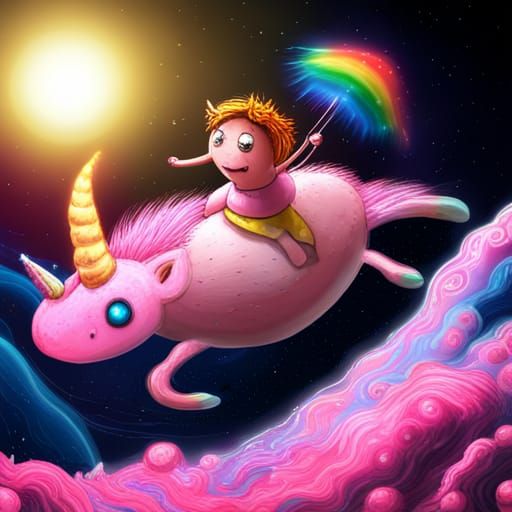 Axolotl Girl Rides Unicorn in Space, Fantasy Art