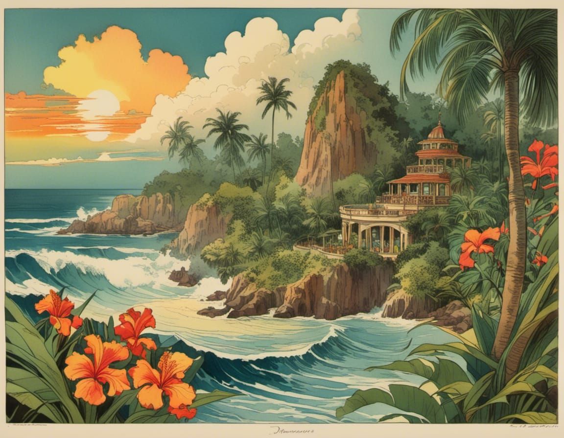 Tropical Island Sunset, Romantic Watercolor Postcard