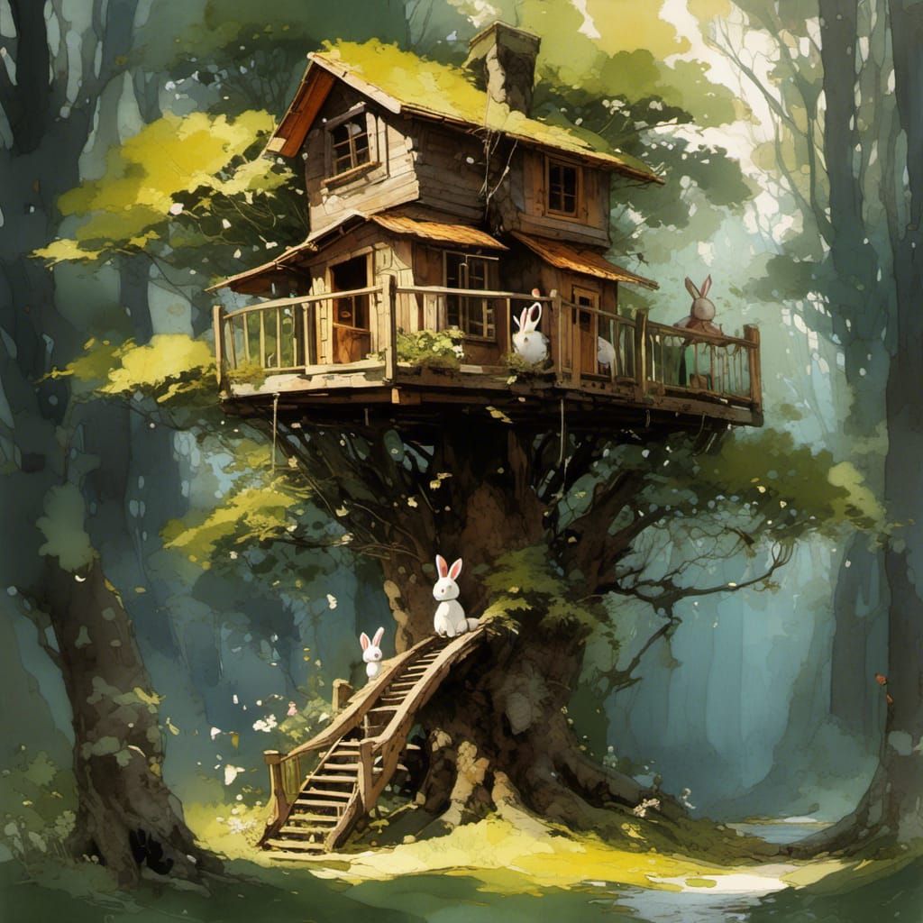 Chibi Bunny Emerges from Spring Treehouse