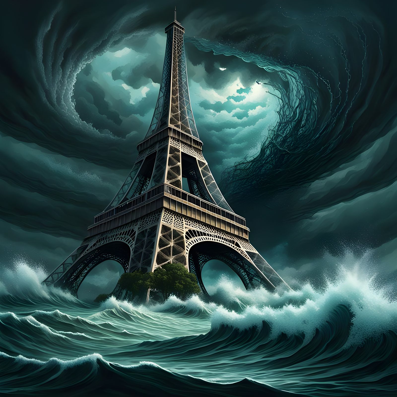 Eiffel Tower in a Stormy Ocean