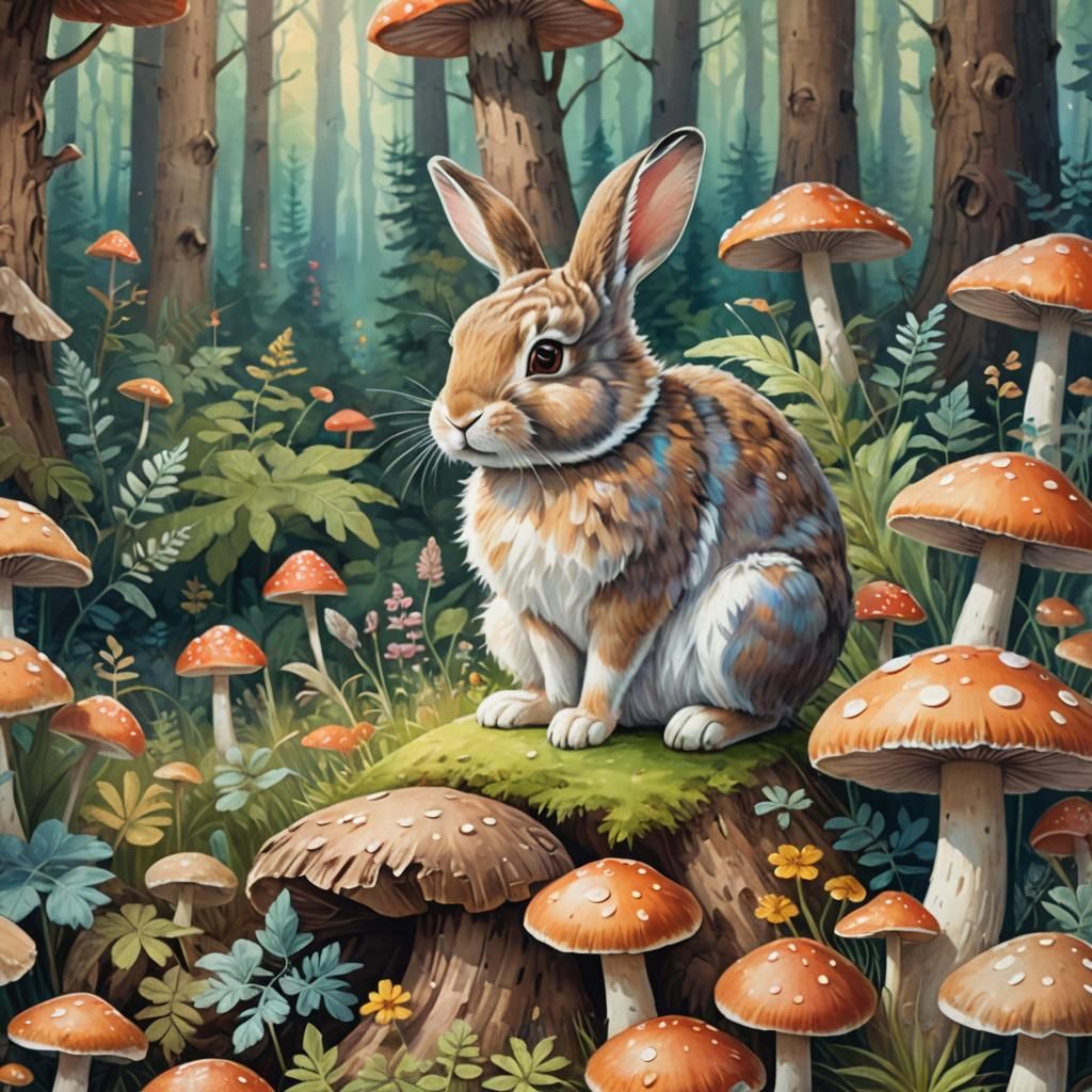 Charming Rabbit on Mushroom: Whimsical Forest Illustration