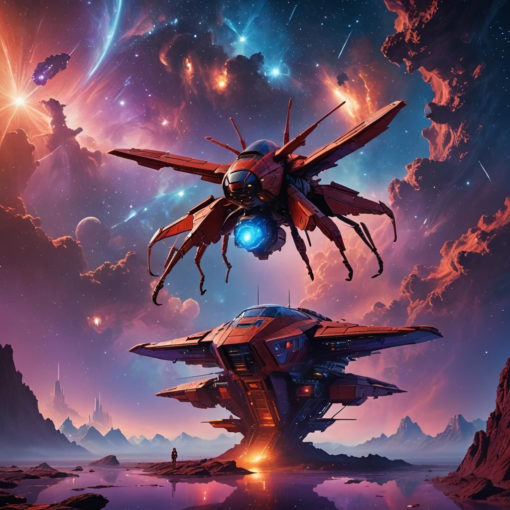 Red Mantis Fighter in Mystical Nebula, Fantasy Art
