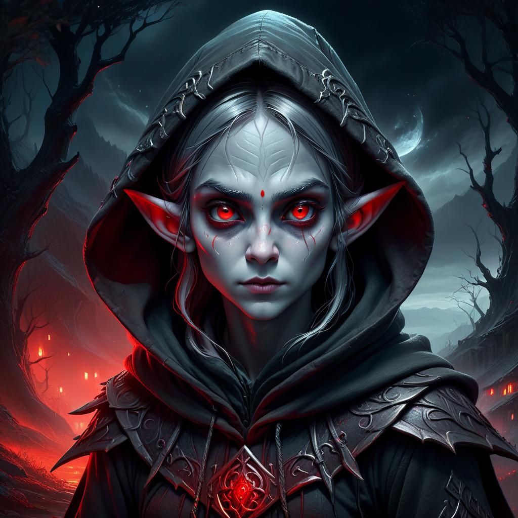 Hooded Elf with Red Eyes in Matte Painting Style