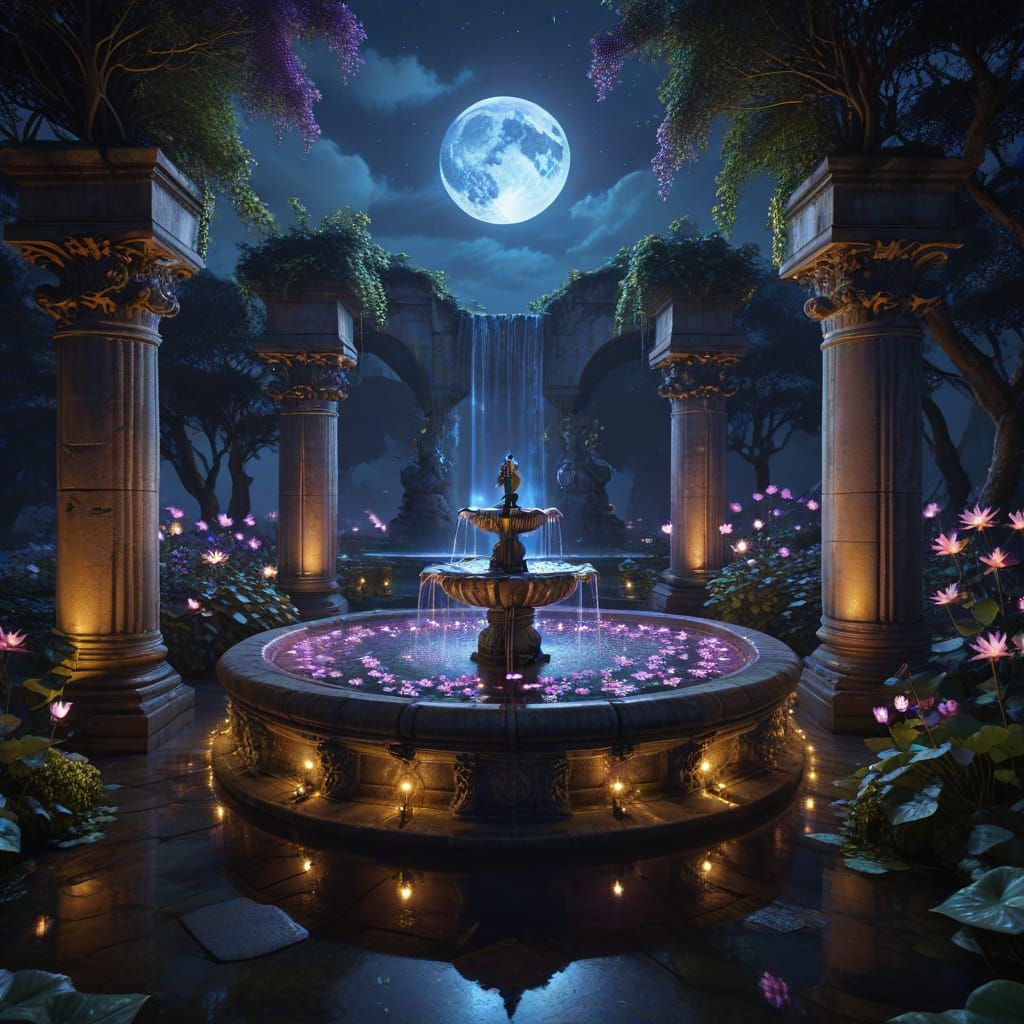 Ethereal Fountain of Light in Ancient Courtyard