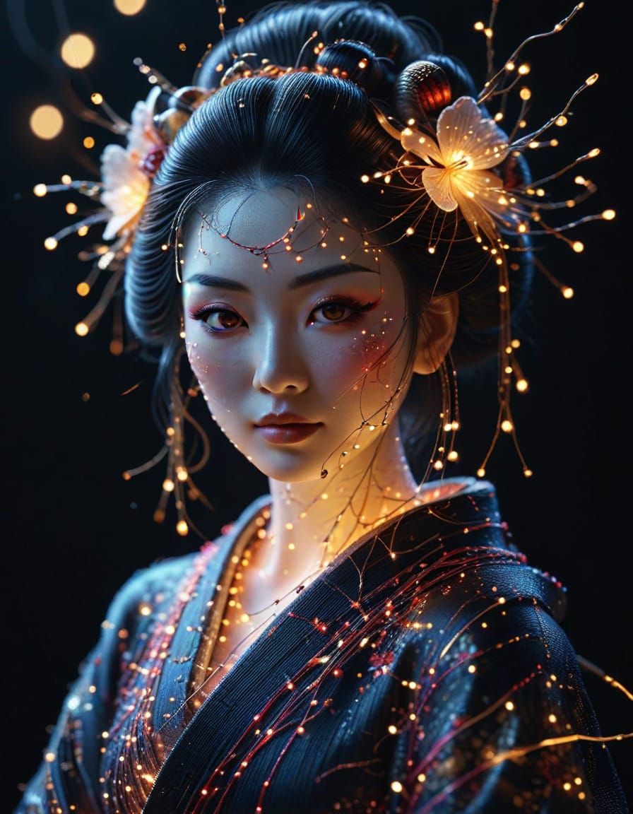 Geisha Made of Fairy Lights, Photorealistic Macro Shot
