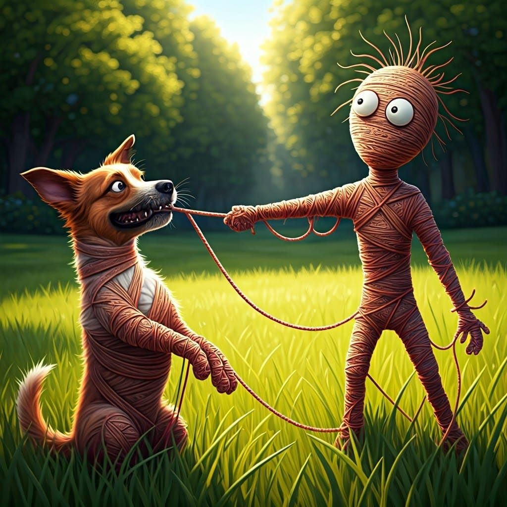 Dog Unraveling String Person in Painterly Cartoon Style