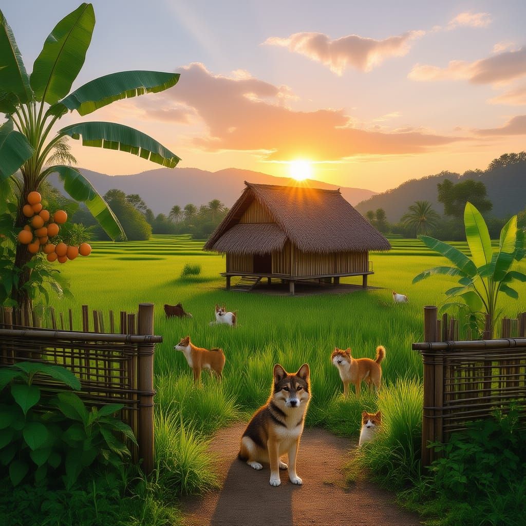 Nipa Hut in Rice Field with Farm Animals