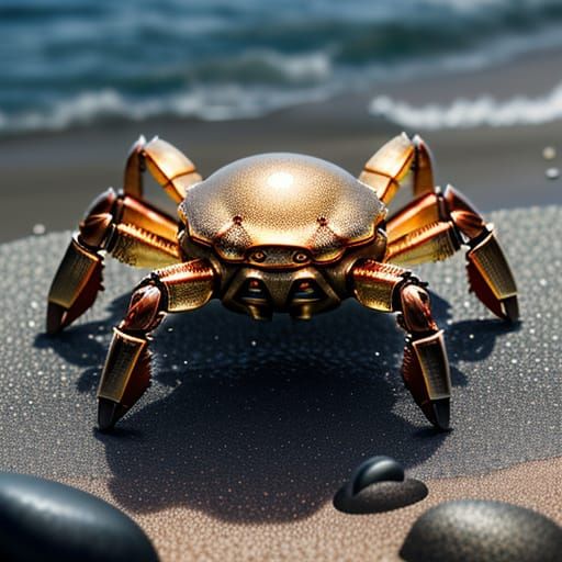Surreal Steampunk Crab Explores Shoreline in Vivid Copper